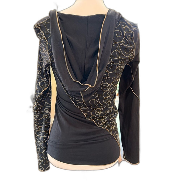 Beija Brazil Embroidered Boho Hoodie Black Gold Lightweight V-Neck Pullover S - Picture 2 of 6
